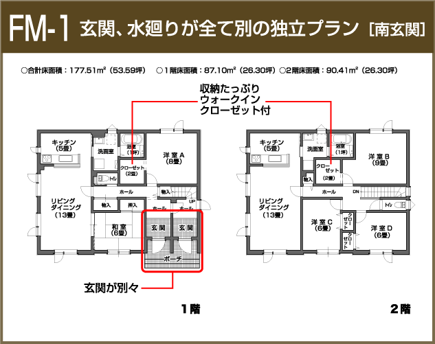 FM-1：玄関、水廻りが全て別の独立プラン［南玄関］