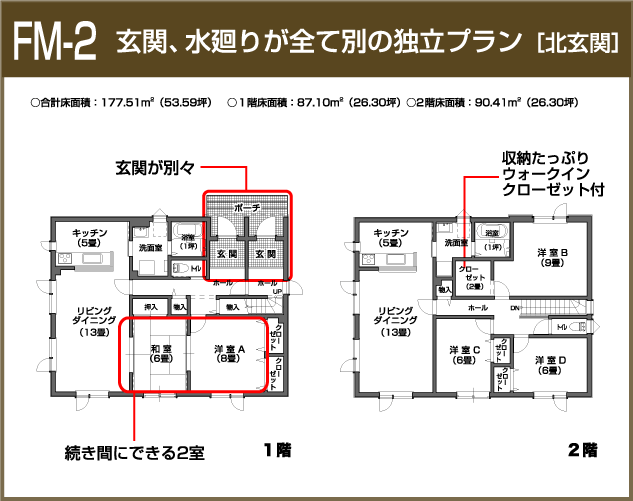 FM-2：玄関、水廻りが全て別の独立プラン［北玄関］