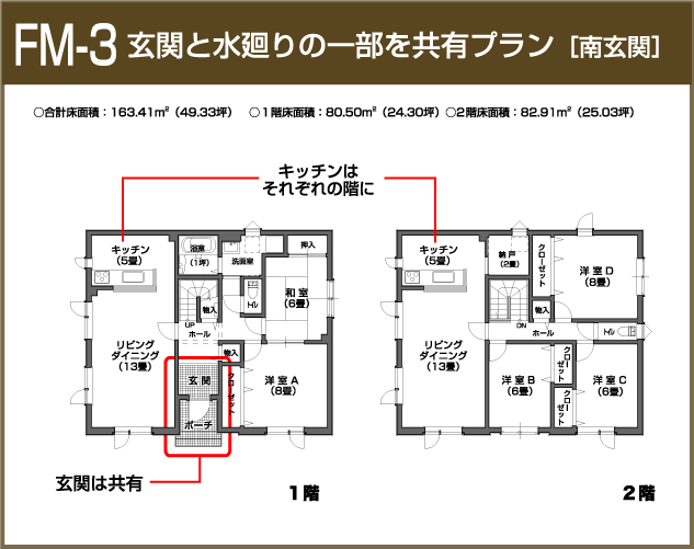 FM-3：玄関と水廻りの一部を共有プラン［南玄関］