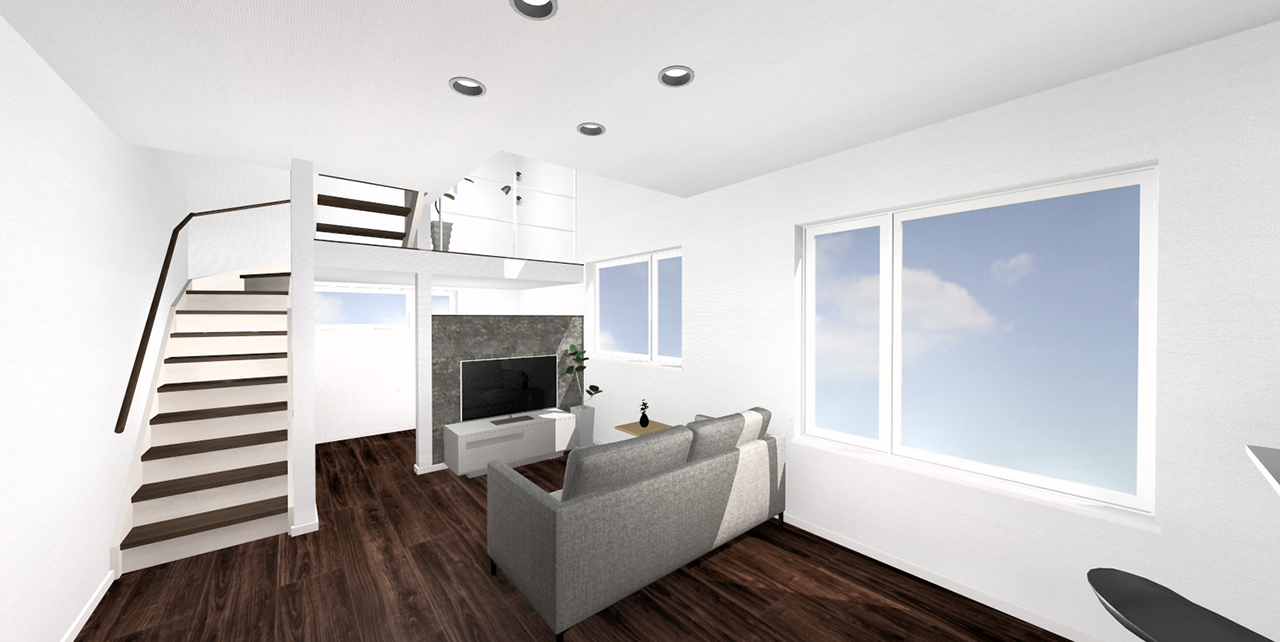 T様邸スキップフロアの内観パース。アクセントクロスがリビングのポイントに。