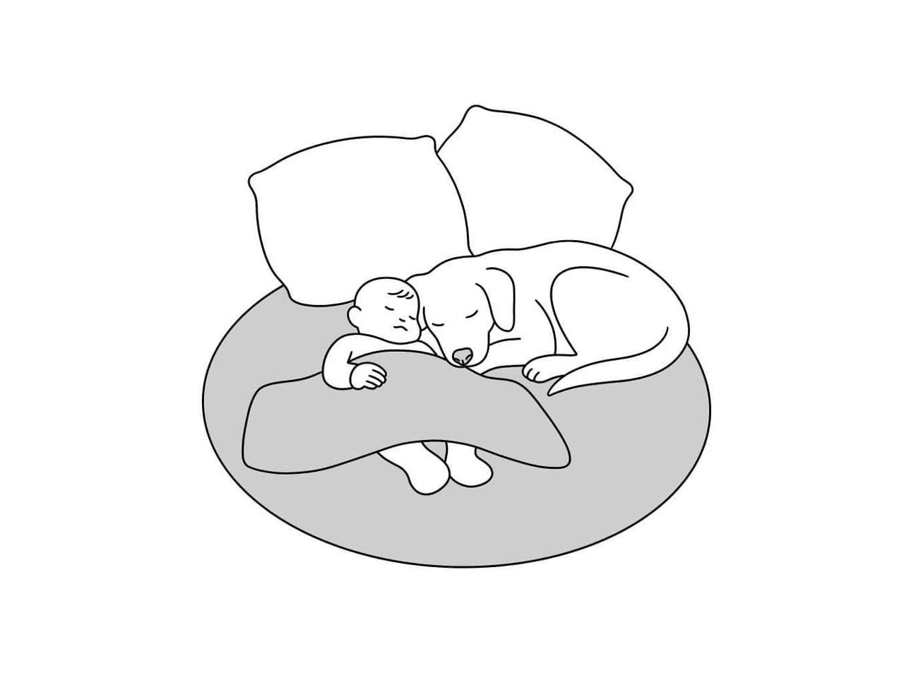 インターホンの呼出音を鳴らさない「おやすみモード」で静かに眠る赤ちゃんと犬のイラスト